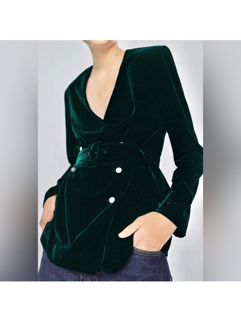 NWOT ZARA Green Velvet Belted Blazer - Picture 5 of 8
